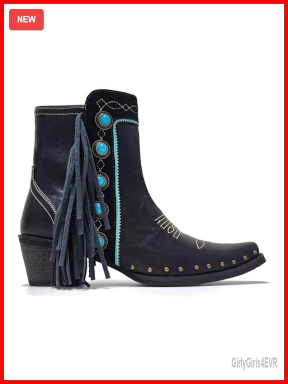 MissHeel Fringe Studded Cowboy Ankle Booties Turquoise Stone Block Heel